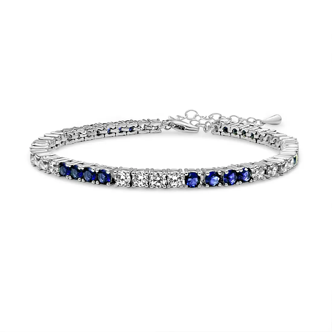 צמיד טניס נוצץ משובץ זרקונים כחולים ושקופים